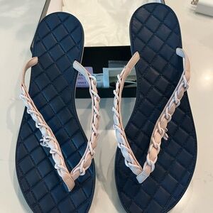 CHANEL Quilted Sandals in Navy and Beige